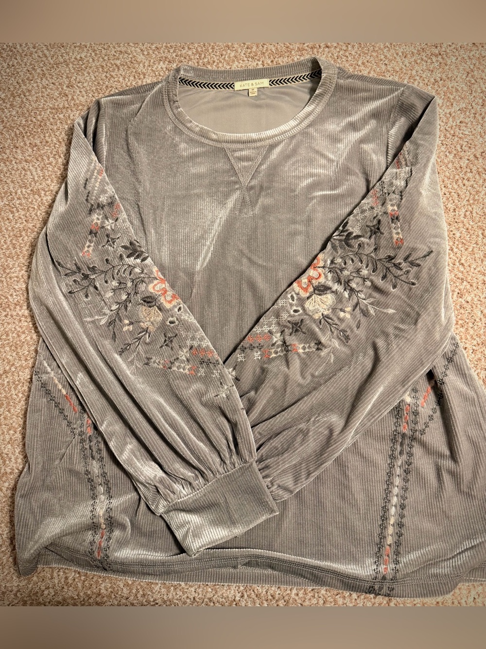 Kate&Sam Embroidered Velvet-Feel Long Sleeve Top - Gray